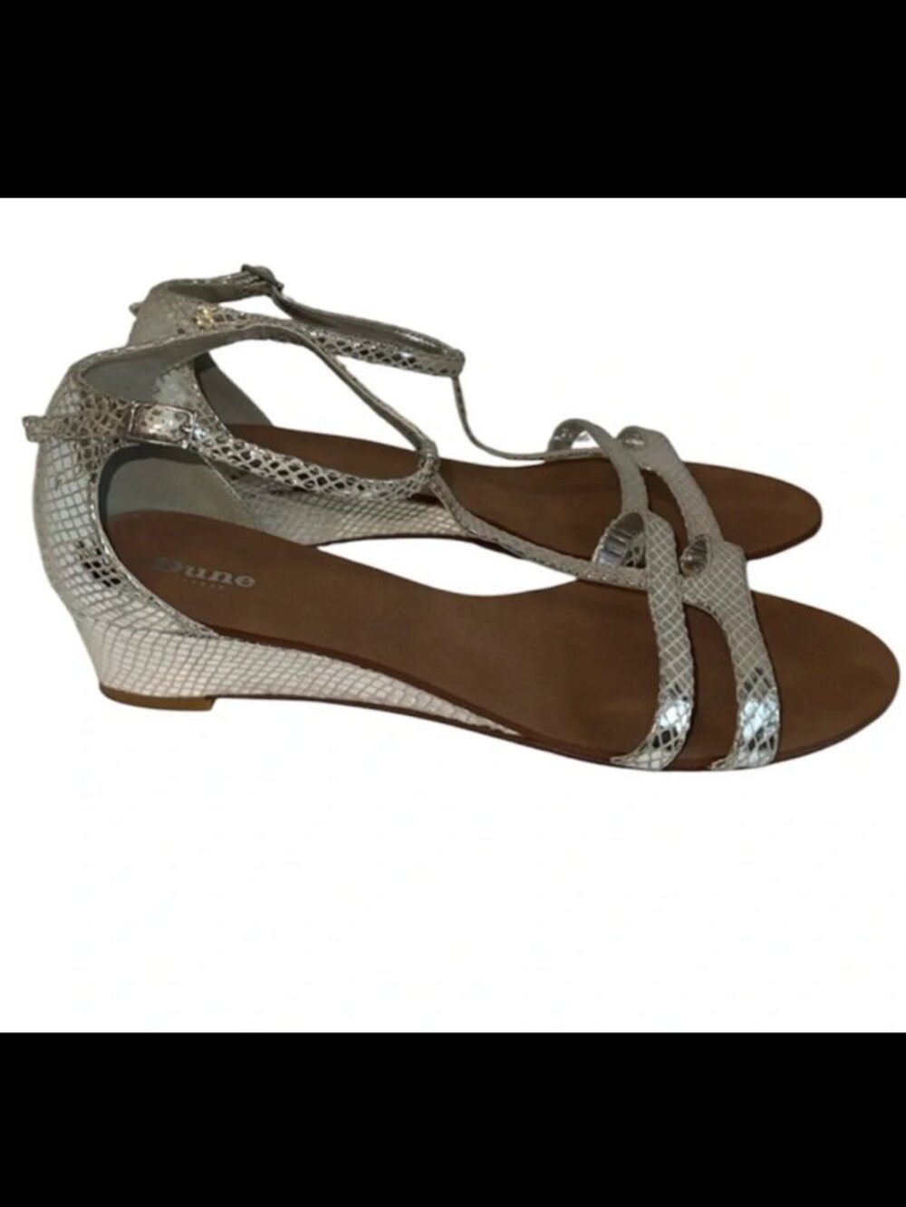 Dune London Silver T-Strap Leather Wedge Sandals w Snake Print Women’s 10